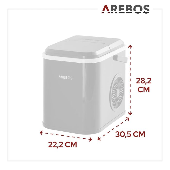 Льодогенератор Arebos 12 кг/24 год, R600a, 1,1 л, самочистка, тихий, з лопаткою та контейнером, чорний, 8 кубиків за 10 хв, льодогенератор зі скляним вікном