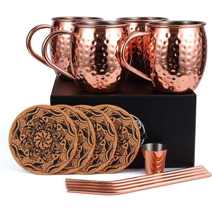 Набір мідних келихів для Moscow Mule, ручна робота, харчова мідь, 473 мл, подарунковий комплект з чаркою, соломинками та підставками, 4 шт.