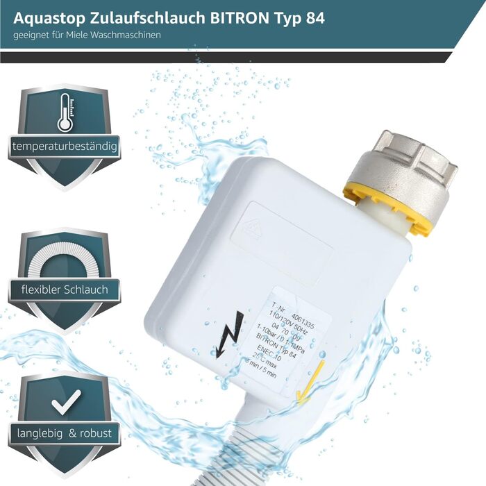 Шланг подачі води Aquastop 2,2 м BITRON Typ 84 для пральної машини Miele, 3/4 дюйма, захисний WPS з електричним підключенням