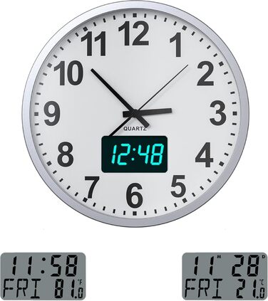 Сучасний настінний годинник KWANWA без тикань, цифровий LCD/LED дисплей, календар і температура, на батарейках, 30,5 см, 12-годинний формат, для кухні, спальні та офісу