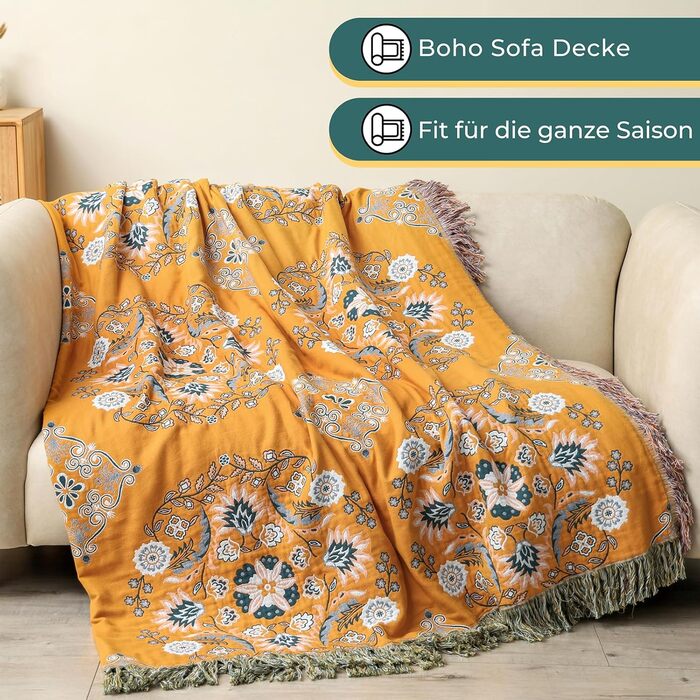 Покривало HOORDRY Boho для ліжка та дивана, бавовняна двостороння ковдра 150×200 см з китицями, жовто-зелене, для спальні та вітальні