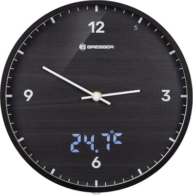 Настінний годинник Bresser MyTime, радіокерований, безшумний, LED-секундна індикація, 24 см, вимірювання температури, чорний