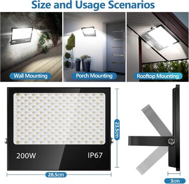 200Вт LED прожектор для вулиці, 20000Лм, 7000K холодне біле світло, IP67 водонепроникний, для подвір'я, гаража, саду