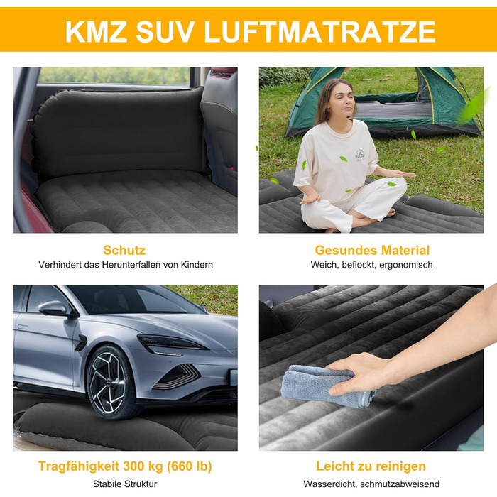 KMZ автомобільний матрац із 2 подушками, двосторонній надувний матрац для авто, потовщений флокований матрац для багажника і заднього сидіння, темно-сірий, для кемпінгу