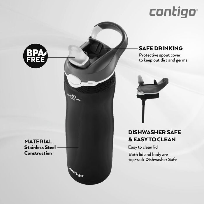 Термос-бутилка Contigo Ashland Chill з трубочкою, нержавіюча сталь, ізольована, не протікає, для спорту, велосипеда, туризму, 590 мл, чорна матова