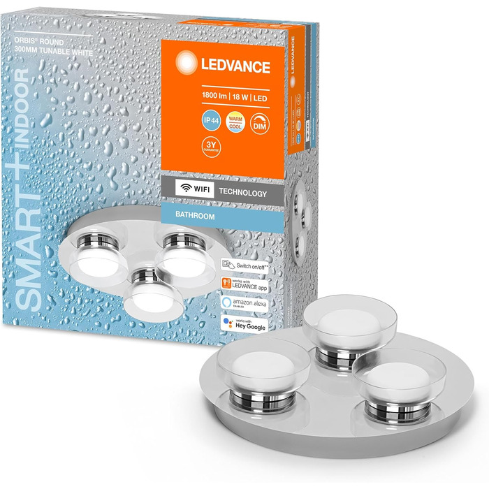 Розумна LED лампа LEDVANCE Orbis Round для ванної, 18Вт, 1800Лм, 3000-6500К, 30см, IP44, хром, диммована, WiFi, керування через додаток і голосових асистентів