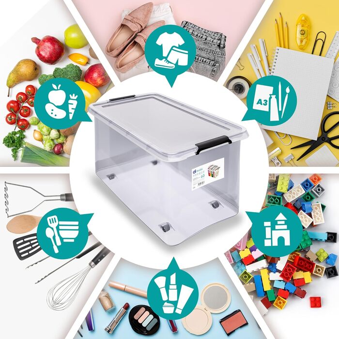 Набір контейнерів Deuba 6×60л з кришкою і колесами, прозорі пластикові, BPA-free, для офісу, гаража, пральні, штабельовані