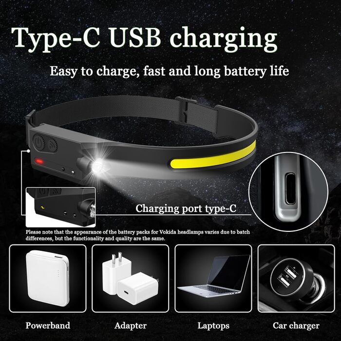 Світлодіодний ліхтар на голову Outdoor Vibes, ширококутний, сенсорний, USB-заряджання, налобний ліхтарик для туризму та спорту