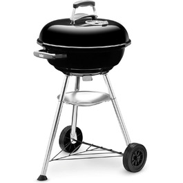 Вугільний гриль Weber Compact Kettle 47 см, порцелянове покриття, на тринозі з колесами, хромована решітка, чорний