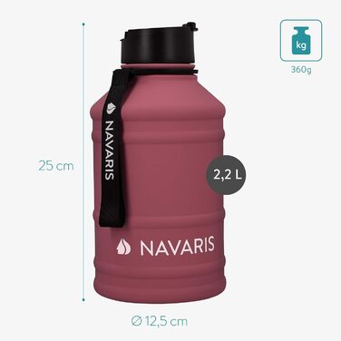 Navaris Фітнес пляшка для води 2,2 л з нержавіючої сталі, спорт пляшка XXL для тренувань, BPA Free, бордова