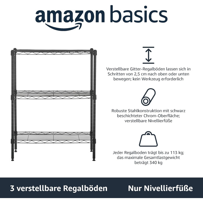 Вузька шафа для зберігання Amazon Basics з 3 регульованими полицями, чорна, метал, 340 кг, 34x58.9x76.2 см