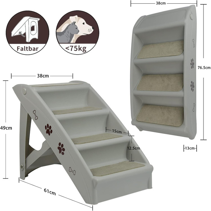 Складні пластикові сходи для собак і котів Froadp 49x38x61 см, 4 сходинки, з фетровим килимком, нековзкі, переносні, для ліжка, балкона, дивана, сірі