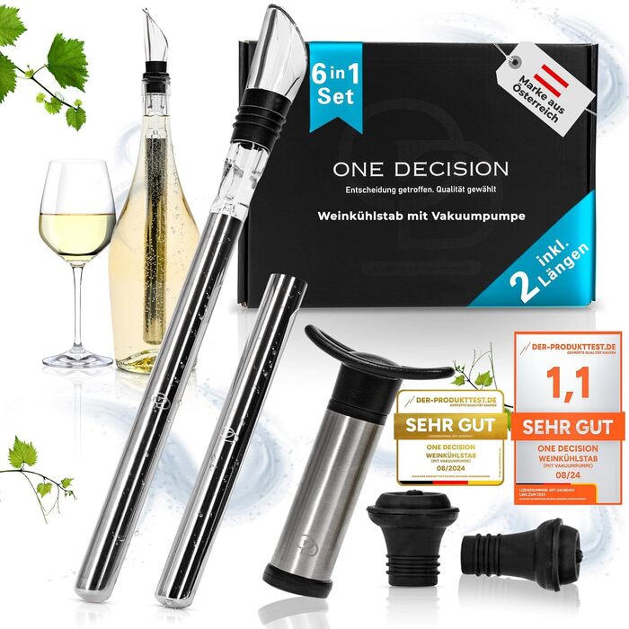 Набір для охолодження вина One Decision Deluxe 6-в-1 з нержавіючої сталі, 2 довжини, винний охолоджувач, вакуумна помпа, декантер, подарунок для жінок і чоловіків