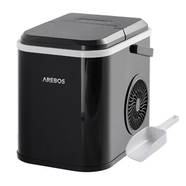 Льодогенератор Arebos 12 кг/24 год, R600a, 1,1 л, самочистка, тихий, з лопаткою та контейнером, чорний, 8 кубиків за 10 хв, льодогенератор зі скляним вікном