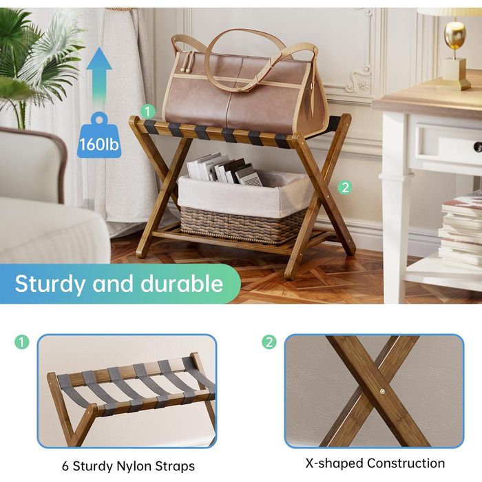 Стійка для валіз SMIBUY, набір 2 шт., складана, бамбукова з полицею, для гостьової кімнати, спальні, готелю, міцна, колір горіх