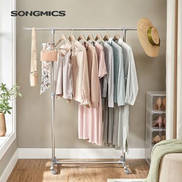 Вішак для одягу на колесах SONGMICS, нержавіюча сталь, регульована висота 97-165 см, з висувною штангою, гачками для аксесуарів, сірий, 150x44x165 см