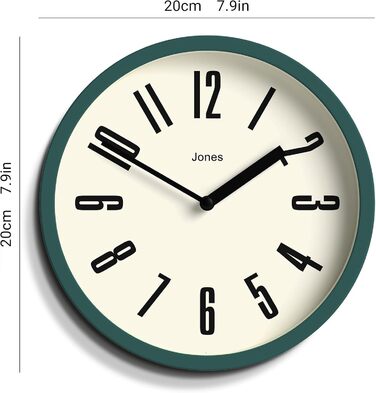 Ретро настінний годинник JONES CLOCKS 20 см, темно-зелений, великі цифри, для кухні, офісу, дитячої кімнати, ванної, легке зчитування