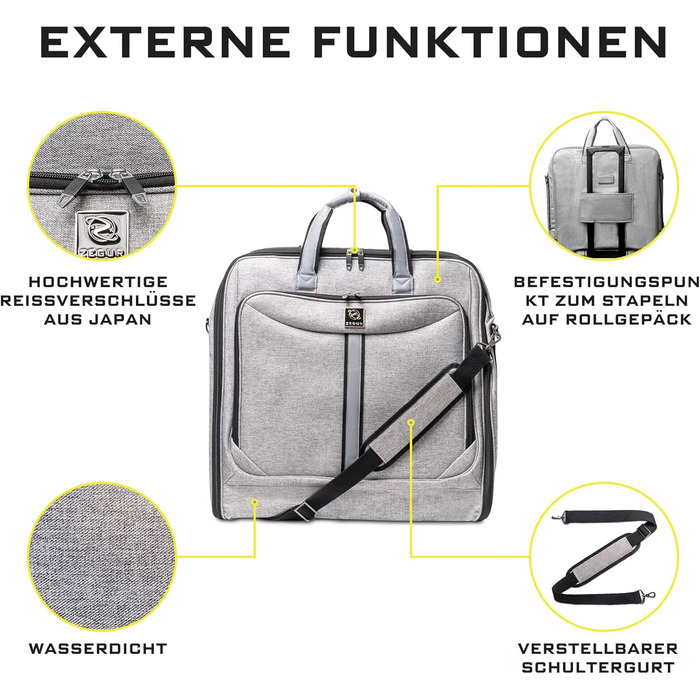 Дорожній чохол для костюмів Kleidersack Luxe Grijs на 3 костюми, з плечовим ременем та кишенями, ручна поклажа для подорожей і відряджень