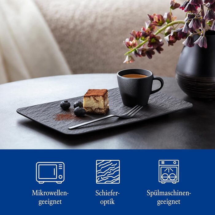 Villeroy & Boch Manufacture Rock Прямокутна багатофункціональна тарілка, чорна, сервірована, шефірний дизайн, преміум порцеляна, підходить для мікрохвильової печі та посудомийної машини