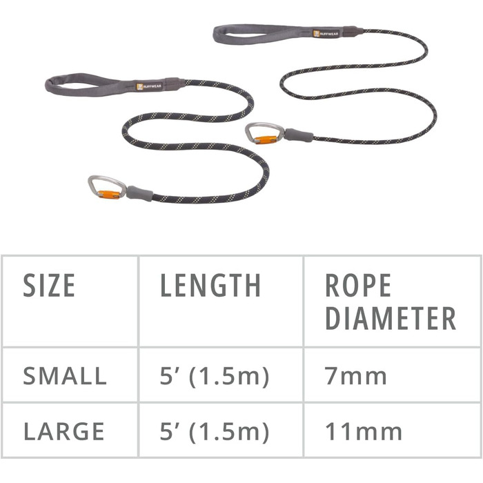 RUFFWEAR Knot-a-Leash — світловідбивний повідок для собак із мотузки з карабіном, 1,5 м, 7 мм, чорний