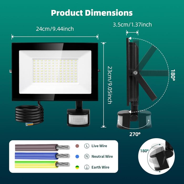 LED прожектор Viugreum 100W з датчиком руху, 15000 Лм, IP67, холодне світло, з пультом, для вулиці, саду, водонепроникний, комплект 2 шт.