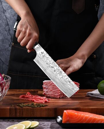 Nakiri ніж MOSFiATA для овочів та м'яса, універсальний кухонний ніж з німецької нержавіючої сталі EN1.4116, з захистом для пальців та леза, у подарунковій коробці