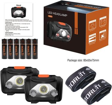 Налобний ліхтар BORUIT LED, 2 шт., з червоним світлом, 4 режими, на батарейках AAA, для дітей і дорослих, для кемпінгу, бігу, риболовлі, туризму