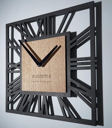 Сучасний настінний годинник FLEXISTYLE LOFT Piccolo Square 30см, безшумний, чорний дуб, для вітальні та ванної