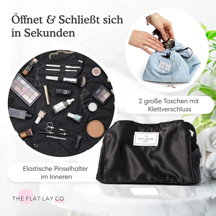 Косметичка-органайзер з шнурком The Flat Lay Co для подорожей, з тримачем для пензлів і кишенею на блискавці, класичний чорний колір