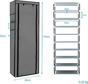 Тканинна шафа INTIRILIFE з блискавкою 170x58x28 см, 9 полиць, для одягу та взуття, розкладна, для кемпінгу, сірий