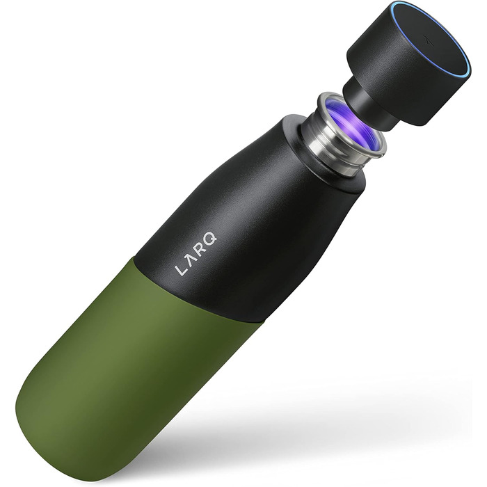 Бутилка LARQ Movement PureVis 950 мл, самочищувальна, нержавіюча сталь з силіконовим чохлом, UV-дезінфекція, легка, ударостійка, зберігає прохолоду води, для спорту, бігу, туризму, чорна/сосна