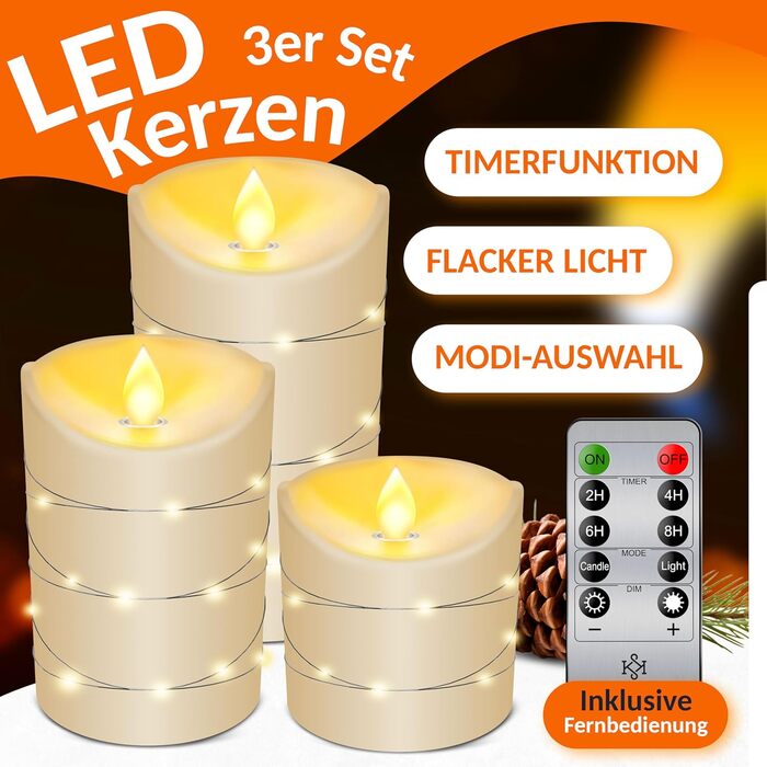 LED свічки KESSER, набір 3 шт., з таймером, з ефектом мерехтіння, фламінгові, з натурального воску, висота 10/12,5/15 см, для декору
