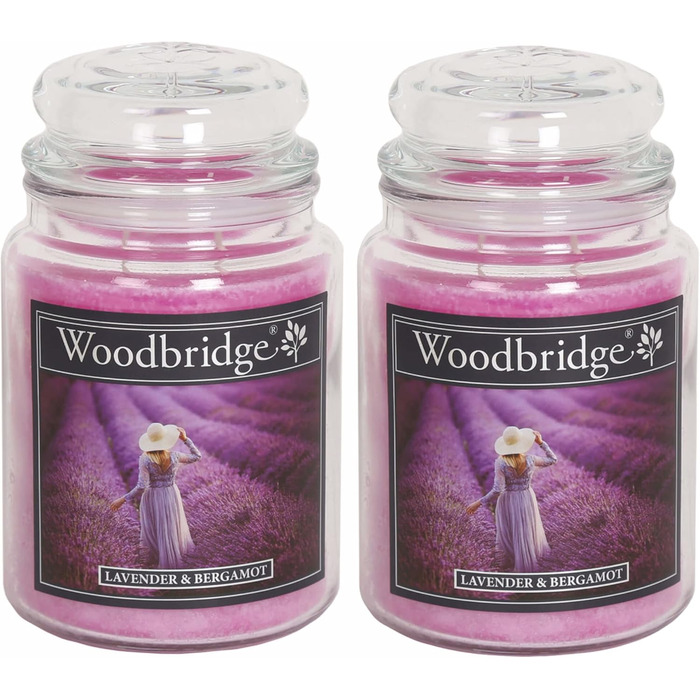 Ароматичні свічки Woodbridge у склі з кришкою, набір 2 шт. Лаванда та бергамот, дві гноти, тривалий час горіння, для дому