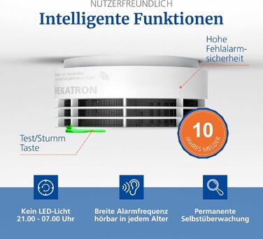 Детектор диму Hekatron Genius Plus з батареєю на 10 років, переможець тесту Stiftung Warentest, підтримка додатку, комплект 2 шт., клейкі подушки, багатомовний, вироблено в Німеччині