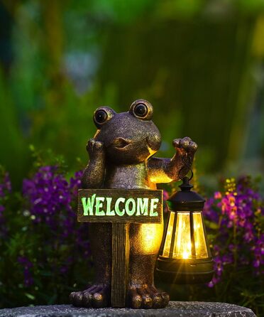 Goodeco Сонячна садова фігура жаби з табличкою Welcome, мідна, декор для тераси, балкона, двору та газону, оригінальний подарунок на новосілля для бабусі, дідуся або садівниці