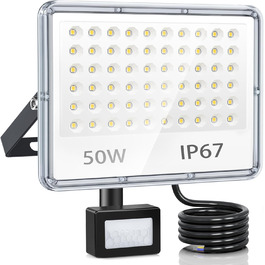 LED прожектор з датчиком руху для вулиці 50Вт, 5000Лм, 7000K, IP67, холодне біле світло, 2 шт, водонепроникний світлодіодний ліхтар для складу, саду, гаража