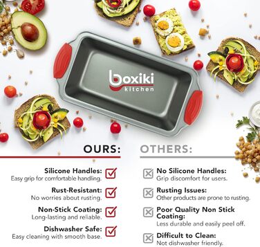 Форма для випікання кексів Boxiki Kitchen, антипригарна сталева, з силіконовими ручками, 21.5 x 11.5 см, для бананового хліба та кексів
