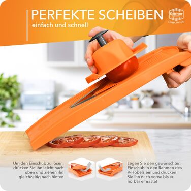 Овочерізка Börner V1 Starter Set, V-подібна, 4 насадки, фруктотримач, регульована, для овочів та фруктів, нарізка скибками, соломкою, кубиками, помаранчева