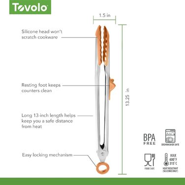 Кухонні щипці Tovolo Tip Top з силіконовими наконечниками, легке захоплення, механізм фіксації, термостійкі, BPA-free, колір абрикосовий
