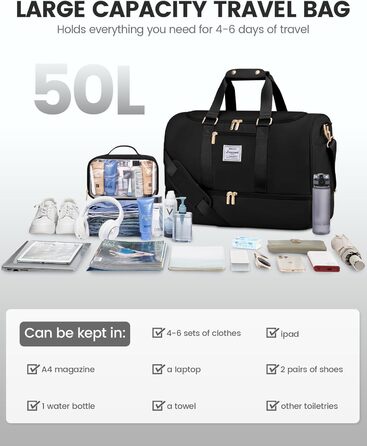 LOVEVOOK спортивна дорожня сумка 50 л для жінок, з відділенням для взуття та вологих речей, водонепроникна тренувальна сумка з косметичкою, ручна поклажа для подорожей і спортзалу, чорна