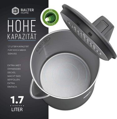 Електрочайник Balter WK-4 1,7 л, нержавіюча сталь, подвійні стінки, BPA Free, LED підсвітка, тихий, для чаю, компактний (чорний/сірий)