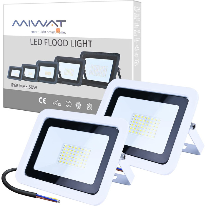 MIWATT LED прожектор для вулиці, 2 шт, 50 Вт, 4000 Лм, холодне біле світло 6000K, IP68 водонепроникний, для двору, гаража, саду