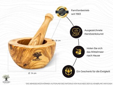 SOLTAKO набір ступки та товкача 'The Sicilian Mortar', оливкове дерево, діаметр 12 см (плоский, 14 см), для спецій і трав, преміум якість