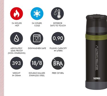 Термос для напоїв Thermos Mountain 0,9 л, чорний, з нержавіючої сталі з чашкою, зберігає тепло/холод 24 год, легкий, для туризму, розбірна кришка, BPA-free