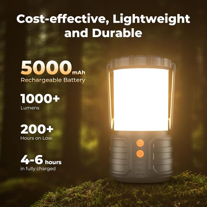 Набір з 2 LED кемпінгових ліхтарів 5000mAh, водонепроникних, з акумулятором, 3 кольори, портативні ліхтарики для намету, будинку, аварійного освітлення