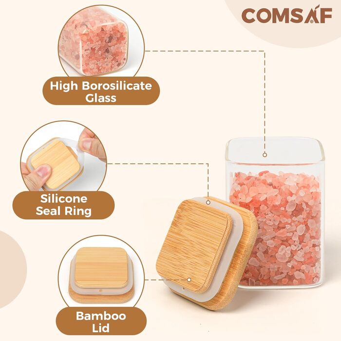 Набір скляних баночок для спецій ComSaf 16 шт з бамбуковими кришками, 170 мл, квадратні, з 275 чорними етикетками, порожні ємності для спецій, солі, цукру