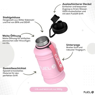 Потужна питна пляшка з нержавіючої сталі 1,3 л, рожевий – герметична, BPA Free, спортивна фляга для води для дорослих, тренажерного залу та фітнесу