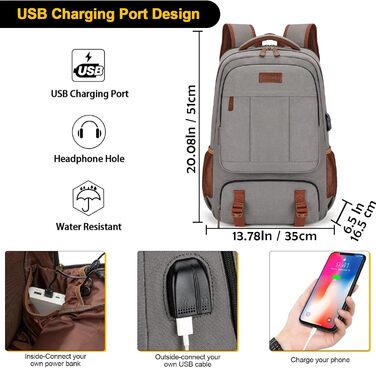 Рюкзак для ноутбука Tzowla 15,6-17,3 дюйма, канвас, USB, унісекс, для подорожей і роботи, колір хакі