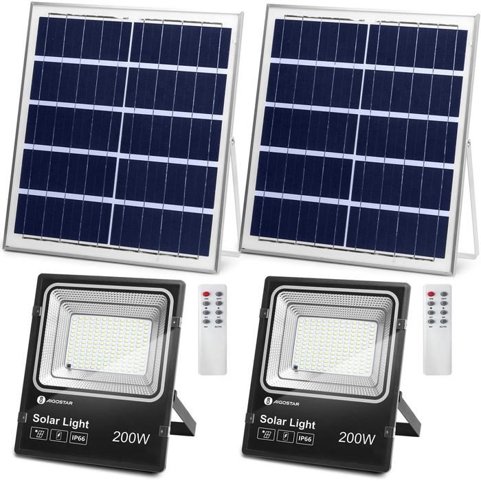 Світлодіодний прожектор Aigostar 50W з сонячною панеллю, 6500K, IP66, для вулиці, саду, гаража, 2 шт (еквівалент 200 Вт)