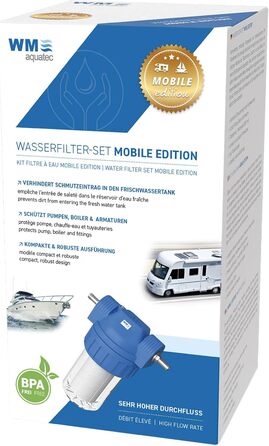 WM aquatec – набір фільтрів для води Mobile Edition для попередньої фільтрації при наповненні бака питної води в автодомах, караванах і човнах, ефективно видаляє іржу, пісок і забруднення